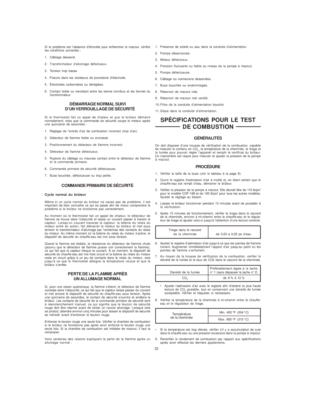 A.O. Smith COF-199 manual Spécifications Pour LE Test DE Combustion, Démarrage Normal Suivi ’UN Verrouillage DE Sécurité 