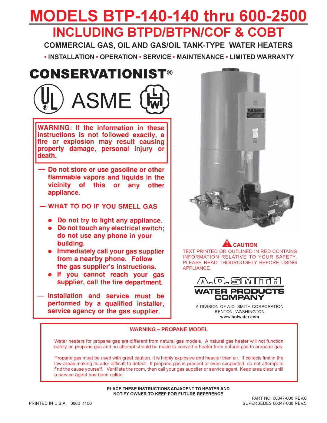 A.O. Smith COBT, COF, BTPN, BTP-140-140 thru 600-2500 warranty Asme 