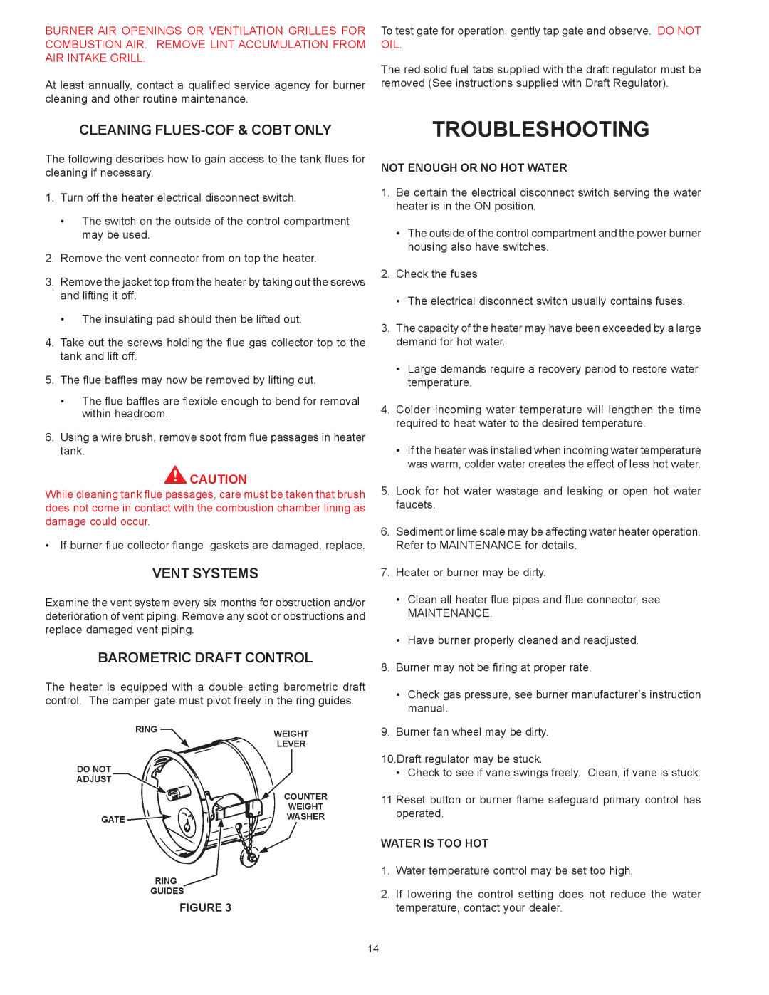 A.O. Smith BTP-140-140 thru 600-2500, COBT, BTPN warranty Troubleshooting, Cleaning FLUES-COF & Cobt only, Vent Systems 