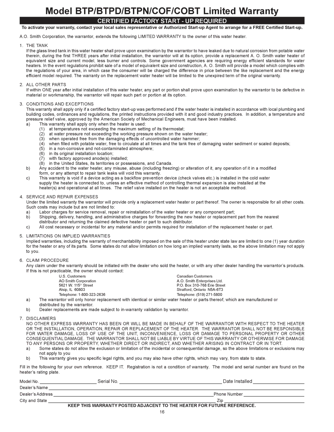 A.O. Smith BTP-140-140 thru 600-2500 warranty Model BTP/BTPD/BTPN/COF/COBT Limited Warranty 