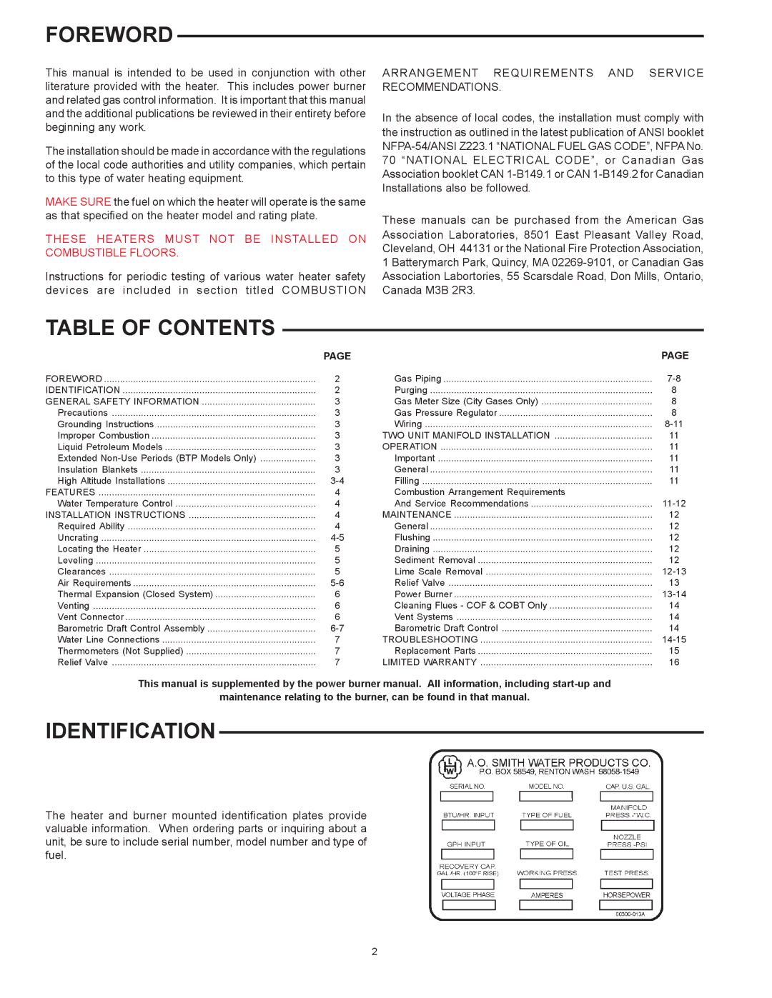 A.O. Smith BTPN, COF, COBT, BTP-140-140 thru 600-2500 warranty Foreword, Table of Contents, Identification 