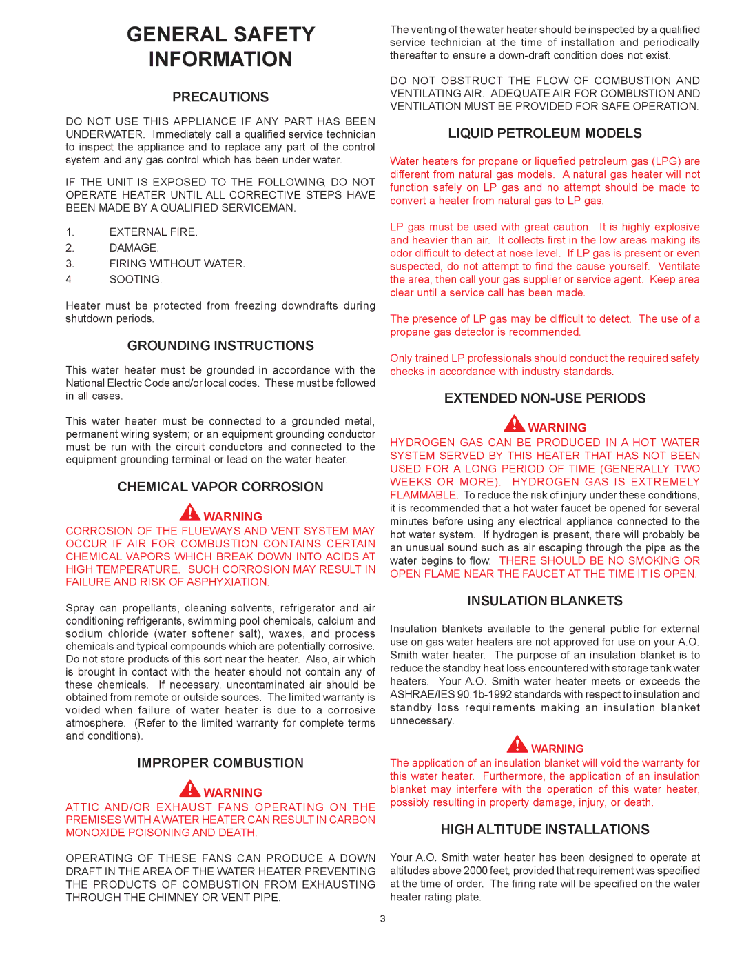 A.O. Smith COF, COBT, BTPN, BTP-140-140 thru 600-2500 warranty General Safety Information 