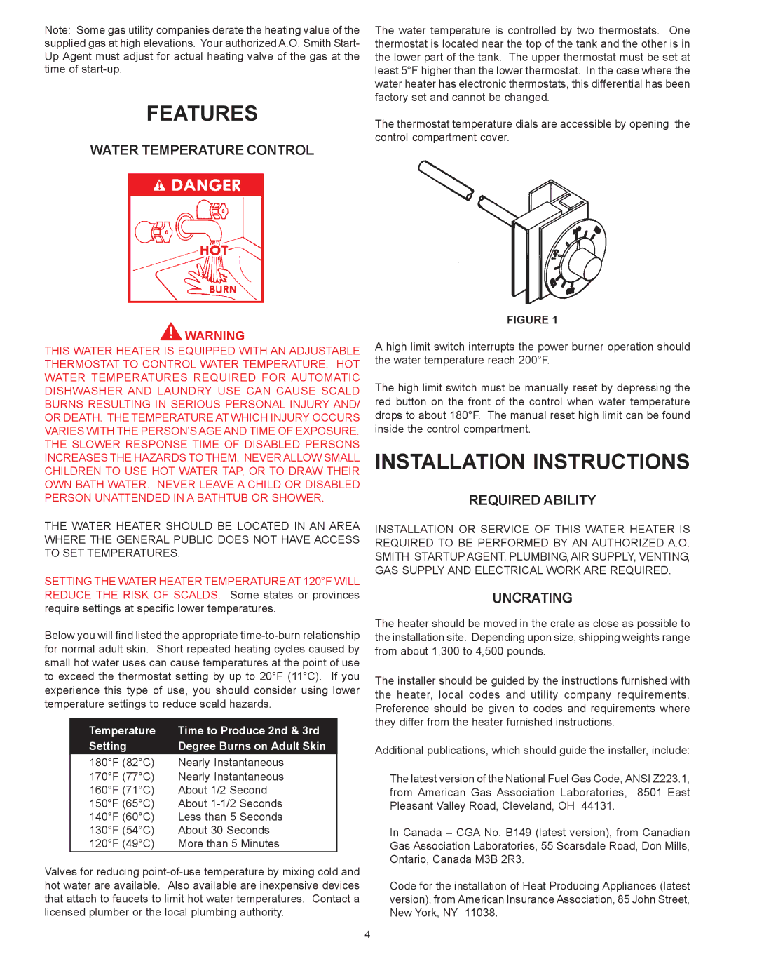 A.O. Smith BTP-140-140 thru 600-2500, COF Features, Installation Instructions, Water Temperature Control, Required Ability 