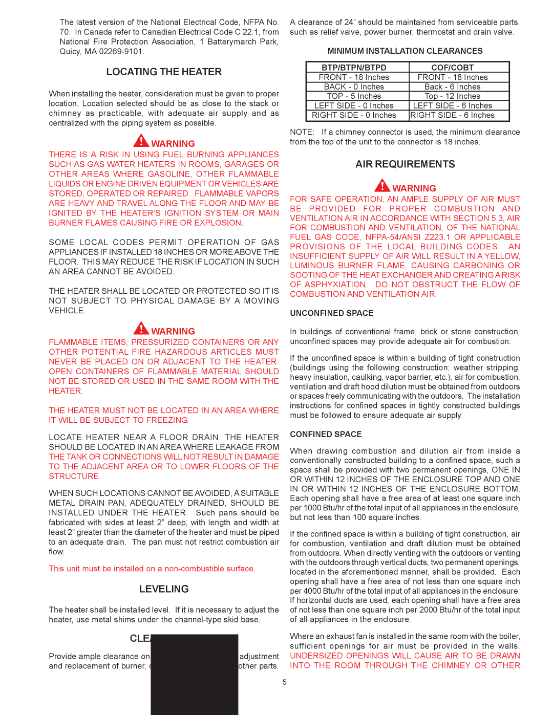 A.O. Smith COF, COBT, BTPN, BTP-140-140 warranty Locating the Heater, Leveling, Clearances, AIR Requirements 