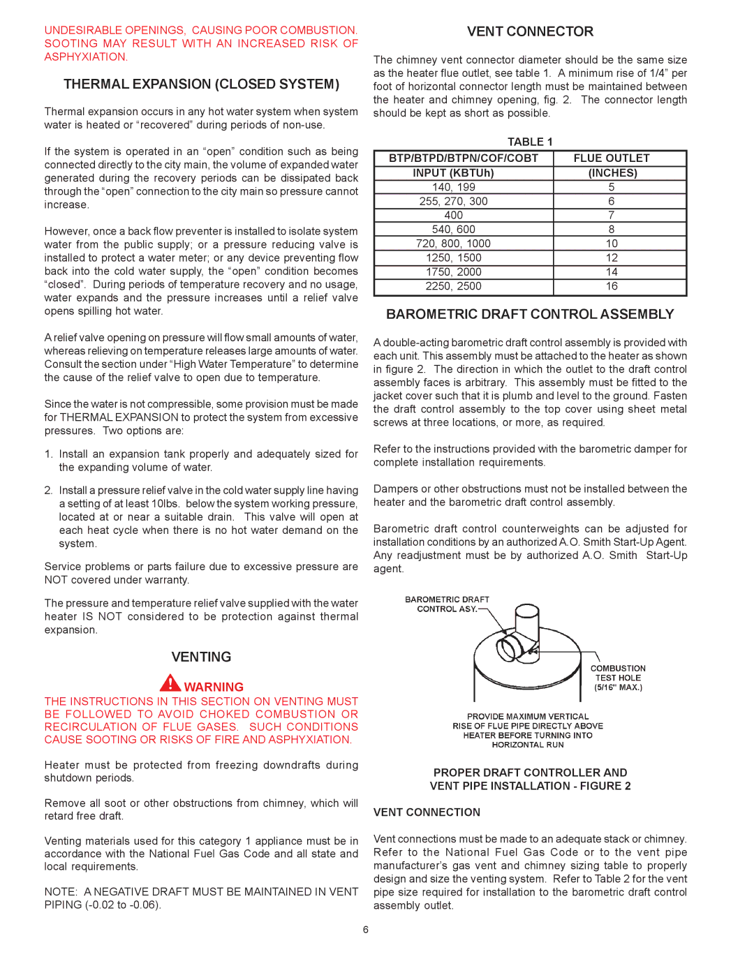 A.O. Smith COBT, COF, BTPN Thermal Expansion Closed System, Venting, Vent Connector, Barometric Draft Control Assembly 