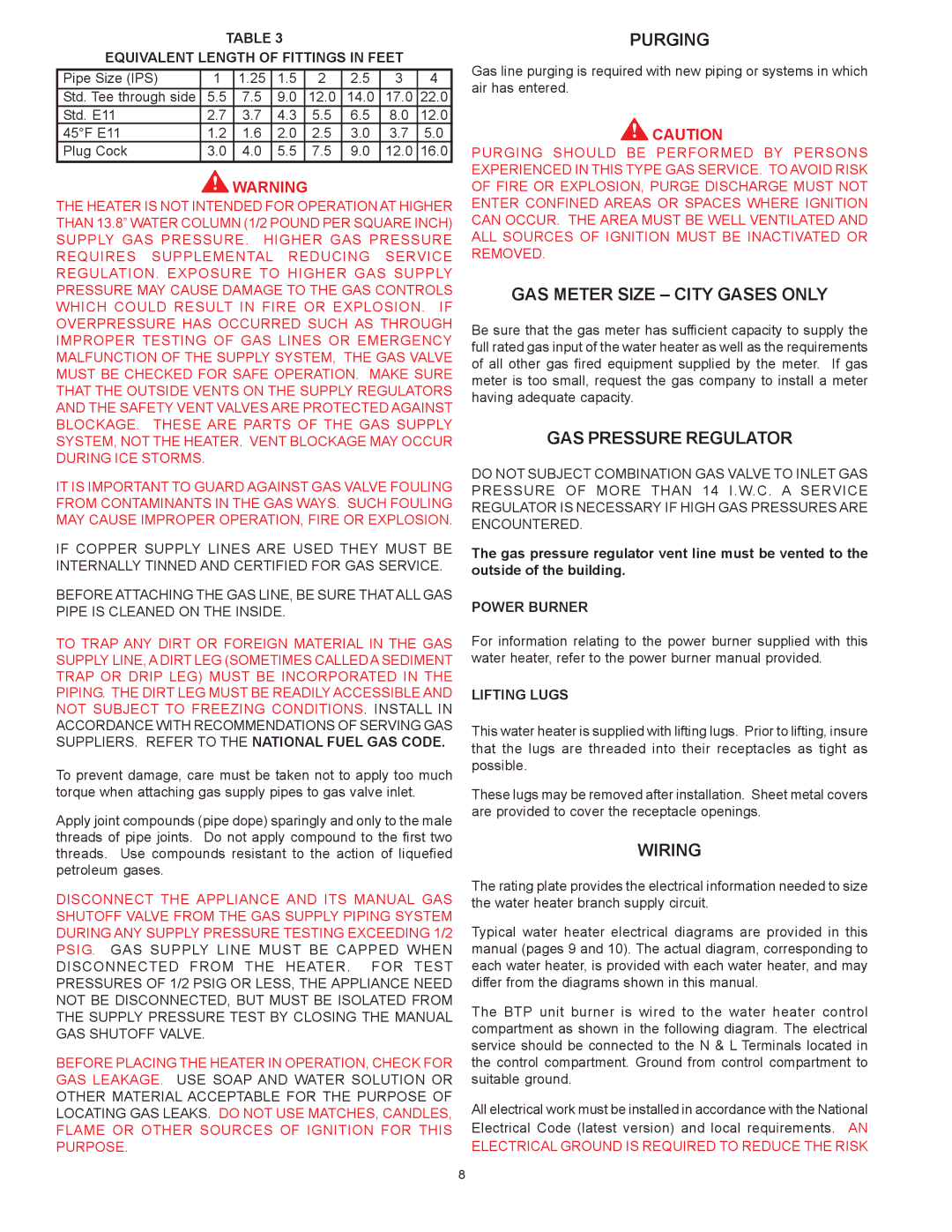 A.O. Smith BTP-140-140, COF, COBT, BTPN warranty Purging, GAS Meter Size City Gases only, GAS Pressure Regulator, Wiring 