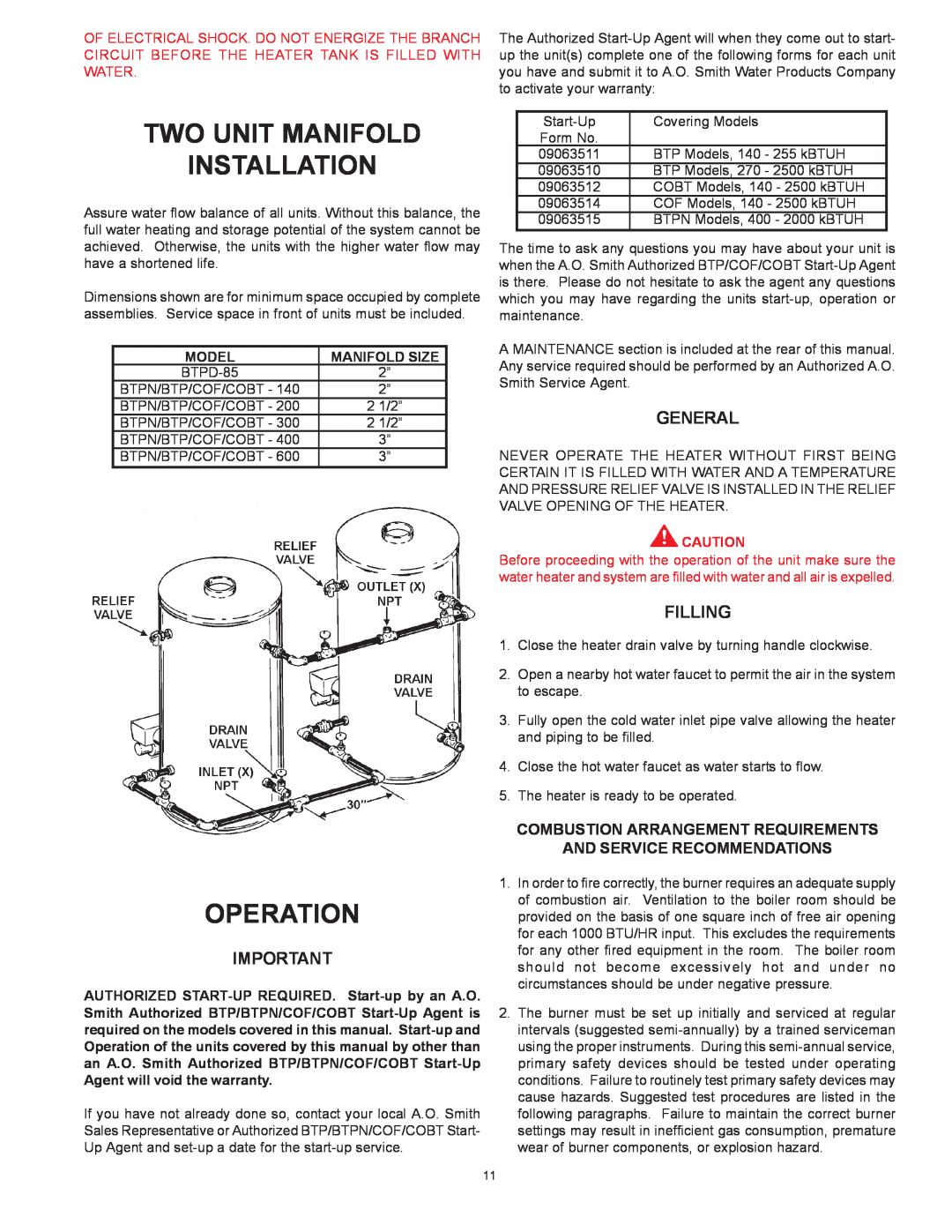 A.O. Smith COBT, COF, BTPN, BTP-140-140 Two Unit Manifold Installation, Operation, General, Filling, Model, Manifold Size 