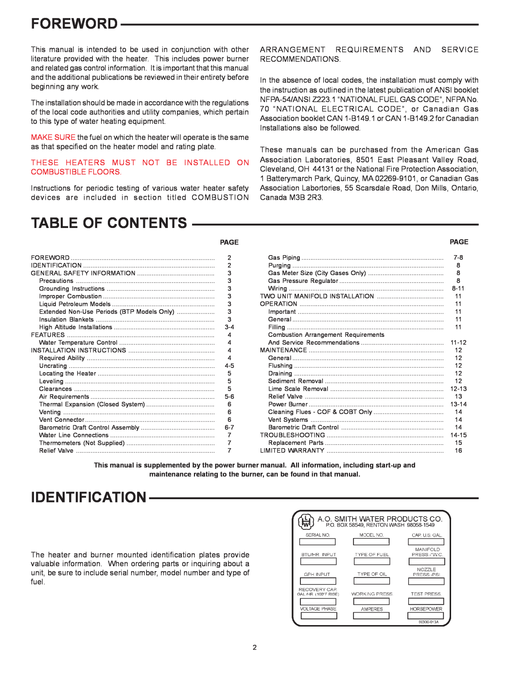 A.O. Smith BTPN Foreword, Table Of Contents, Identification, These Heaters Must Not Be Installed On Combustible Floors 