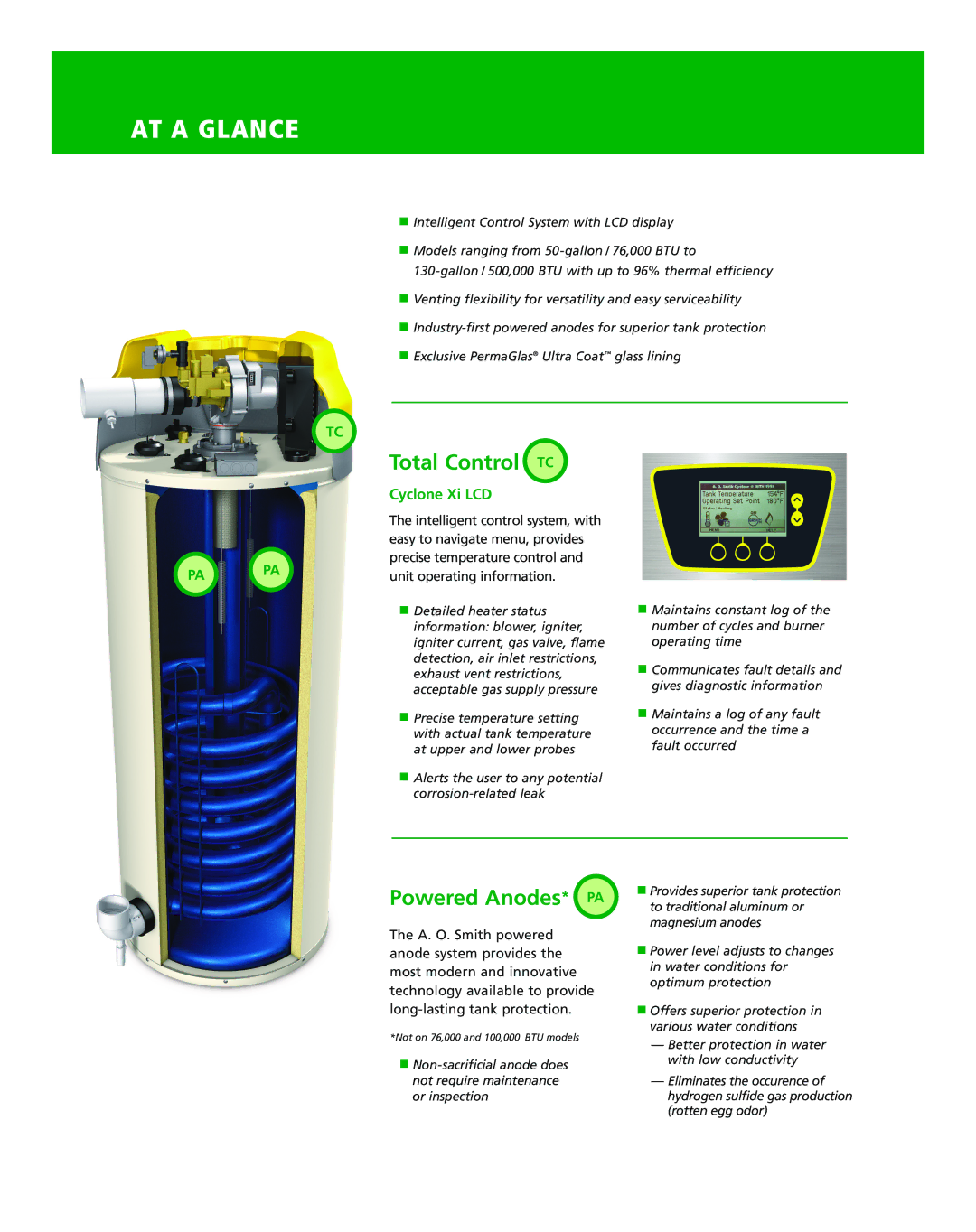 A.O. Smith Commercial Gas Water Heaters manual AT a Glance, Total Control TC, Powered Anodes* PA, Cyclone Xi LCD 