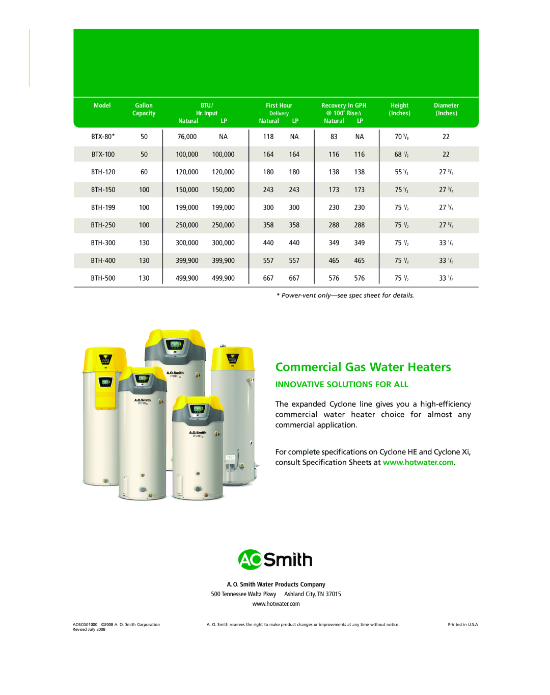 A.O. Smith Commercial Gas Water Heaters manual Innovative Solutions for ALL 