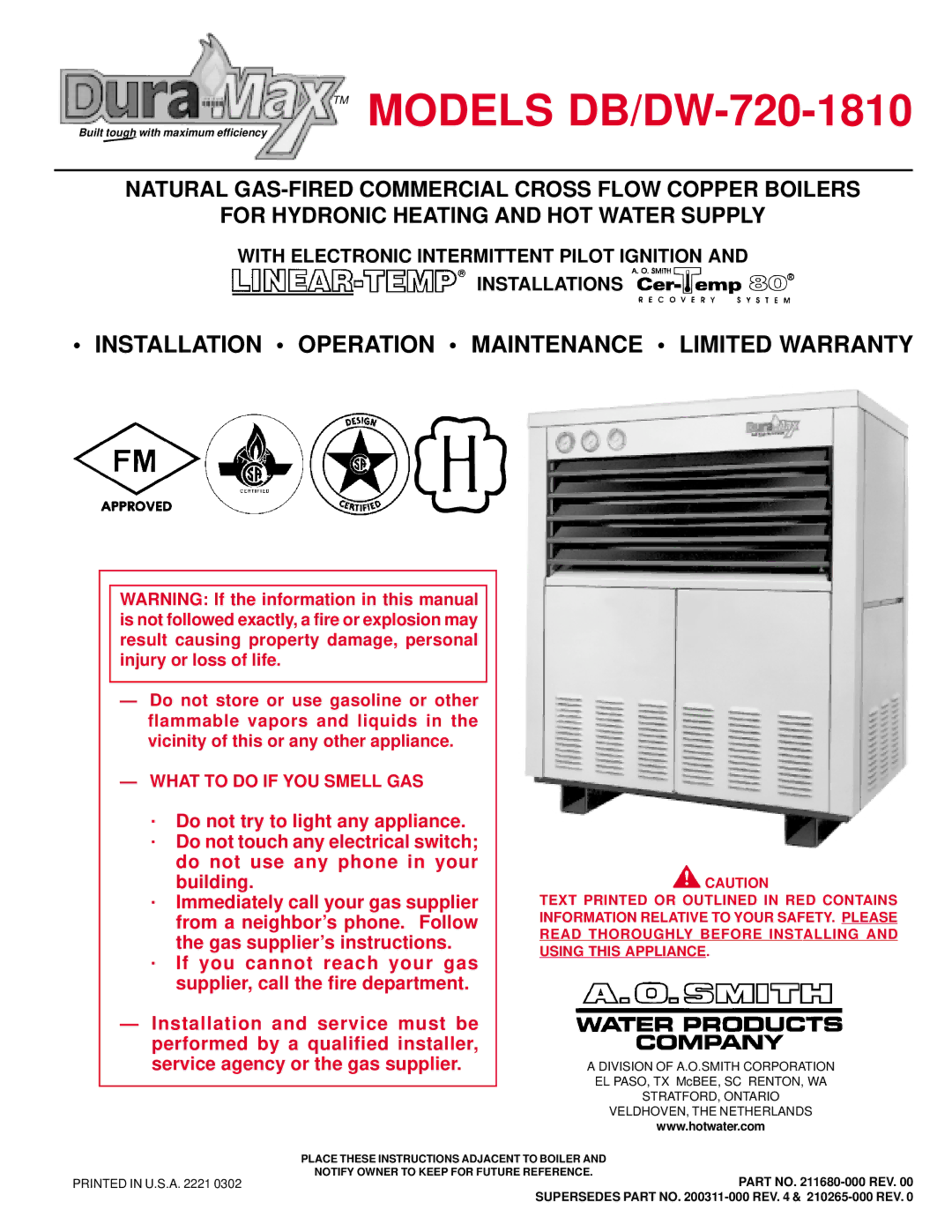 A.O. Smith warranty TM Models DB/DW-720-1810, Installation Operation Maintenance Limited Warranty 