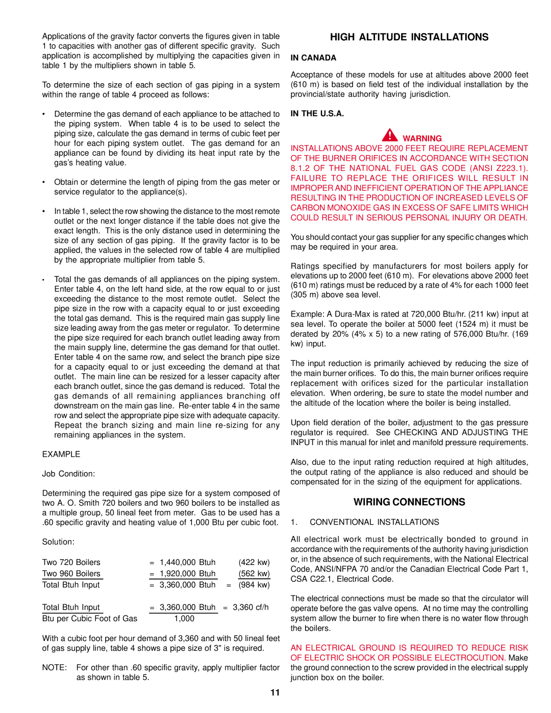 A.O. Smith DB/DW-720-1810 warranty High Altitude Installations, Wiring Connections, Example, Conventional Installations 