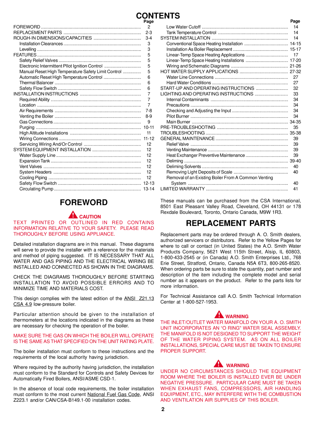 A.O. Smith DB/DW-720-1810 warranty Contents, Foreword, Replacement Parts 