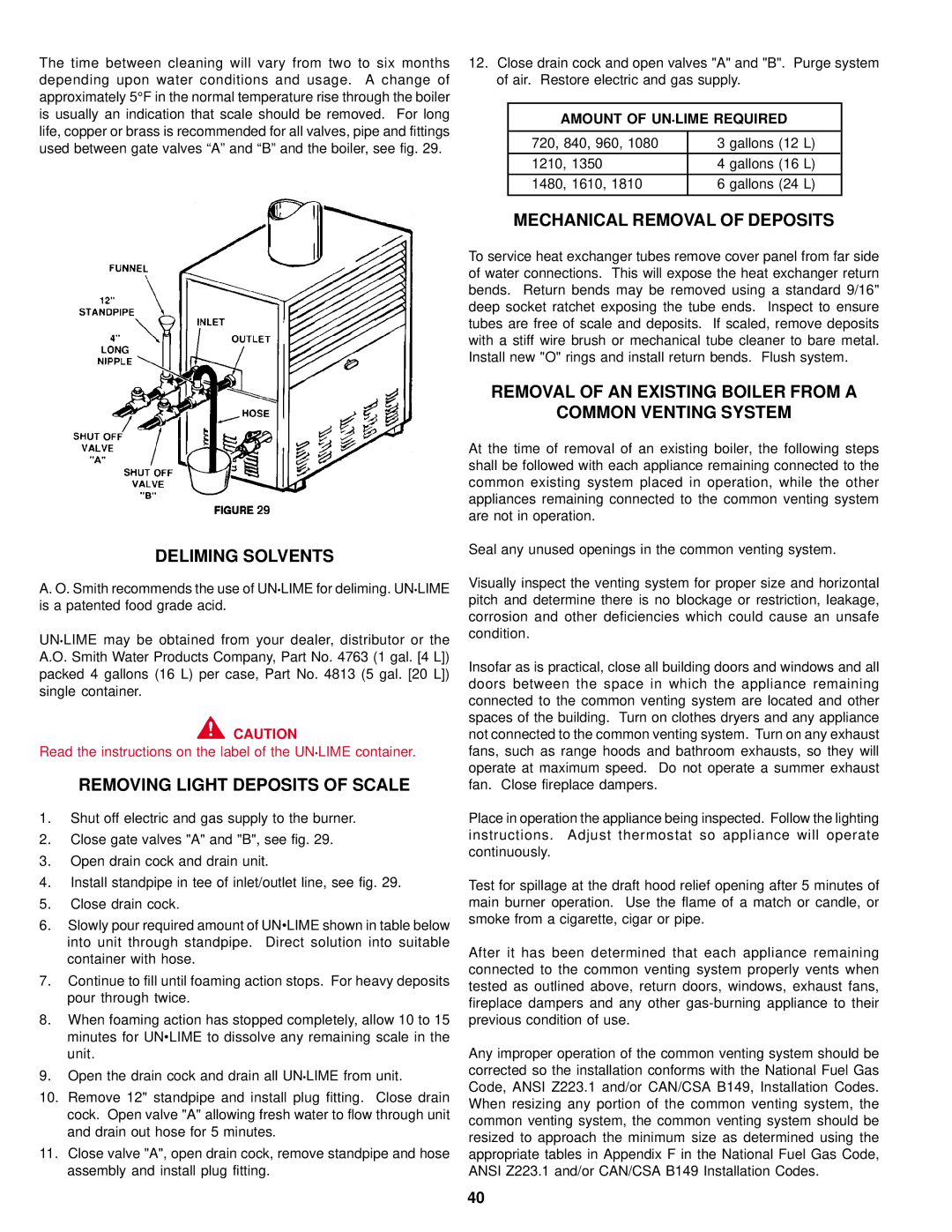 A.O. Smith DB/DW-720-1810 warranty Deliming Solvents, Removing Light Deposits of Scale, Mechanical Removal of Deposits 