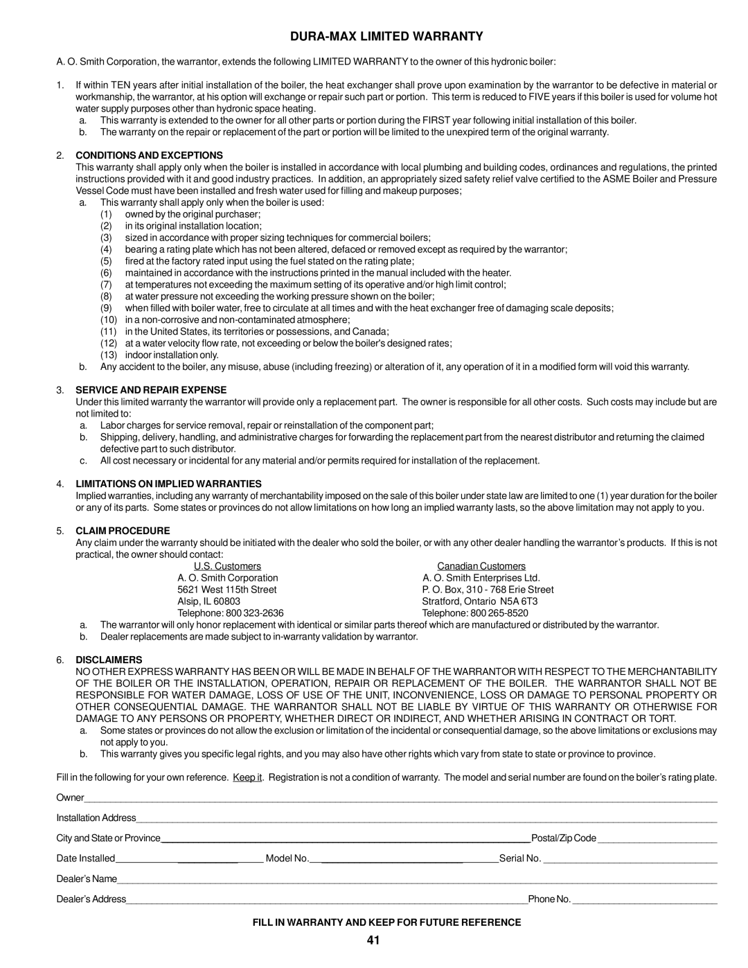 A.O. Smith DB/DW-720-1810 warranty DURA-MAX Limited Warranty 