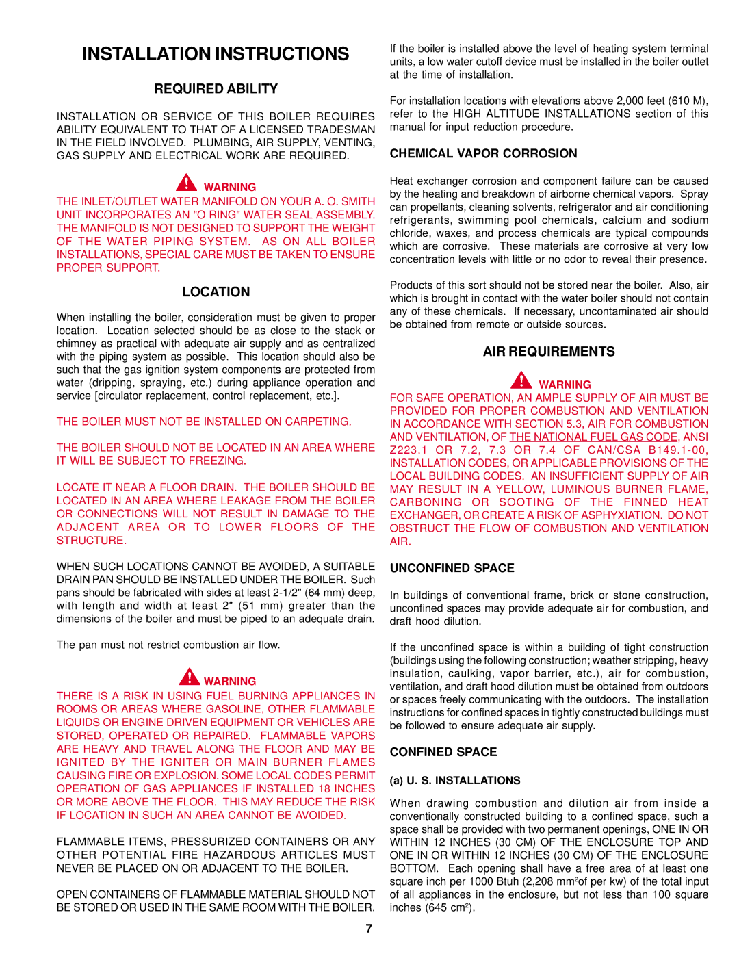 A.O. Smith DB/DW-720-1810 warranty Installation Instructions, Required Ability, Location, AIR Requirements 