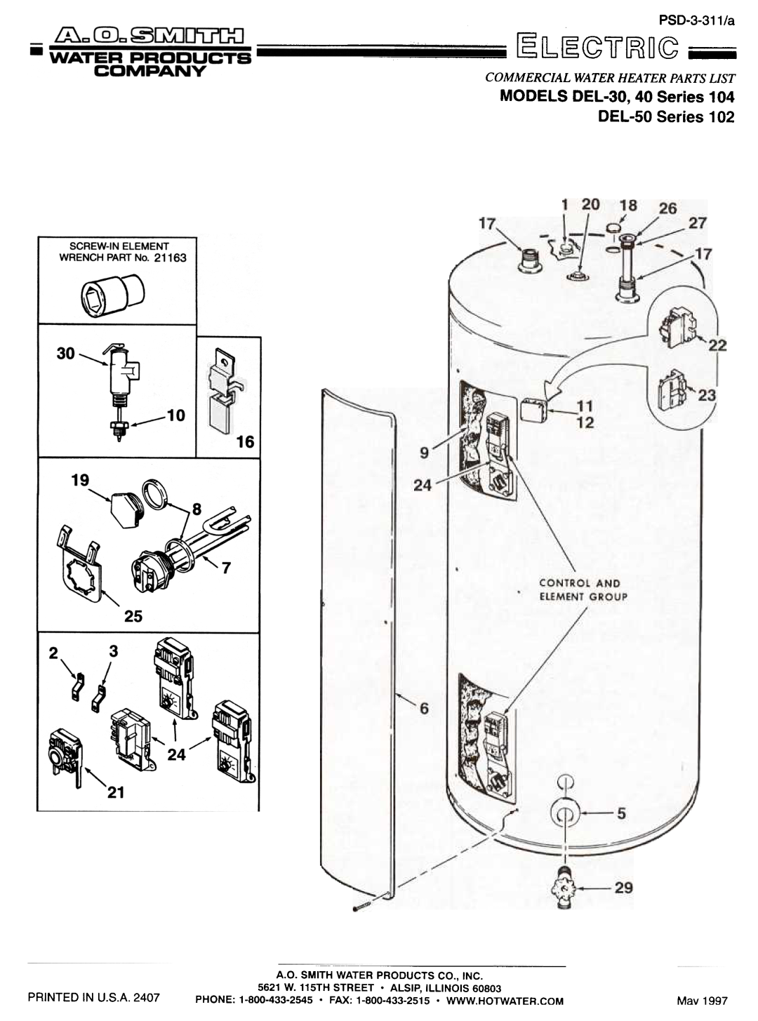 A.O. Smith DEL-30 Series 104 manual PSD-3-311/a, Commercialwaterheaterpartslist, Printed In U.S.A, ~~~cg¥fJOcg 