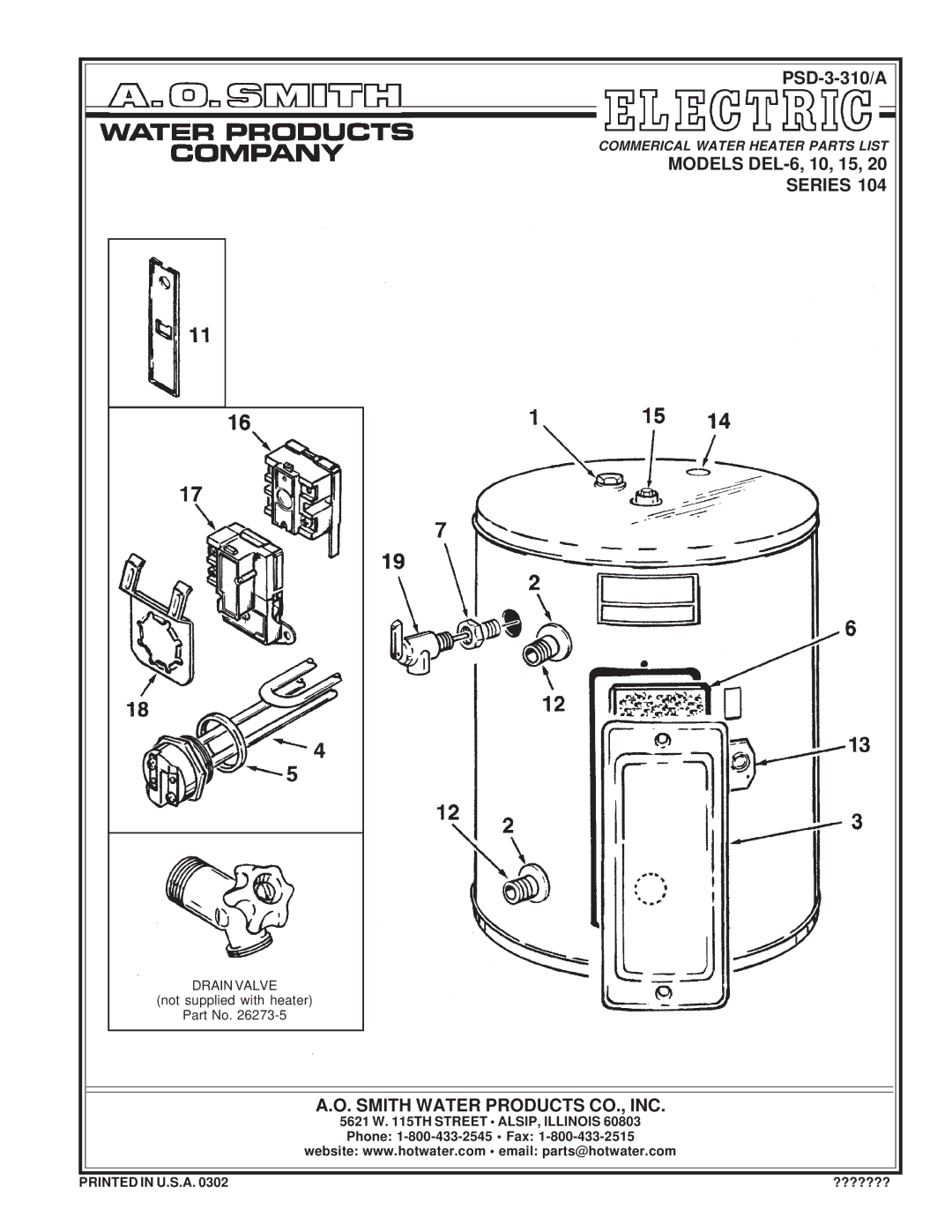 A.O. Smith DEL 20, DEL 6, DEL 15, DEL 10 manual Series, Smith Water Products CO., INC 