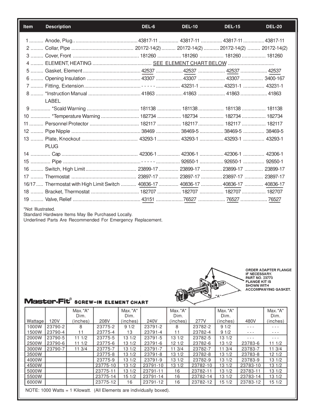 A.O. Smith DEL 15, DEL 6, DEL 20, DEL 10 manual See Element Chart below, Label, Plug 