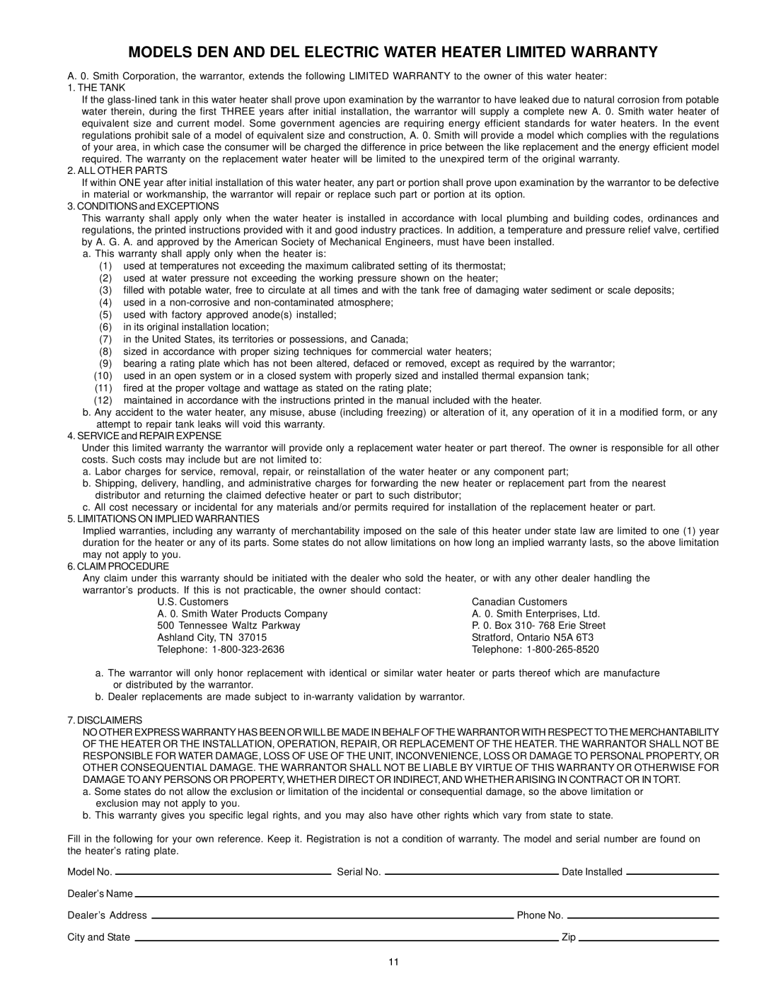 A.O. Smith del and del warranty Models DEN and DEL Electric Water Heater Limited Warranty 