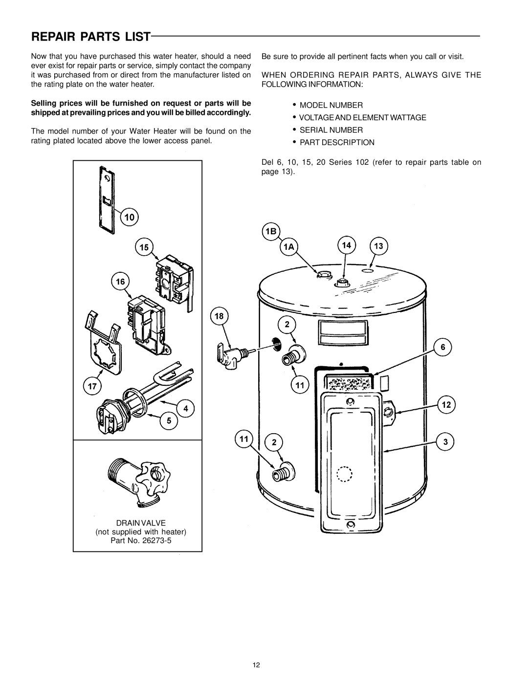 A.O. Smith del and del warranty Repair Parts List 