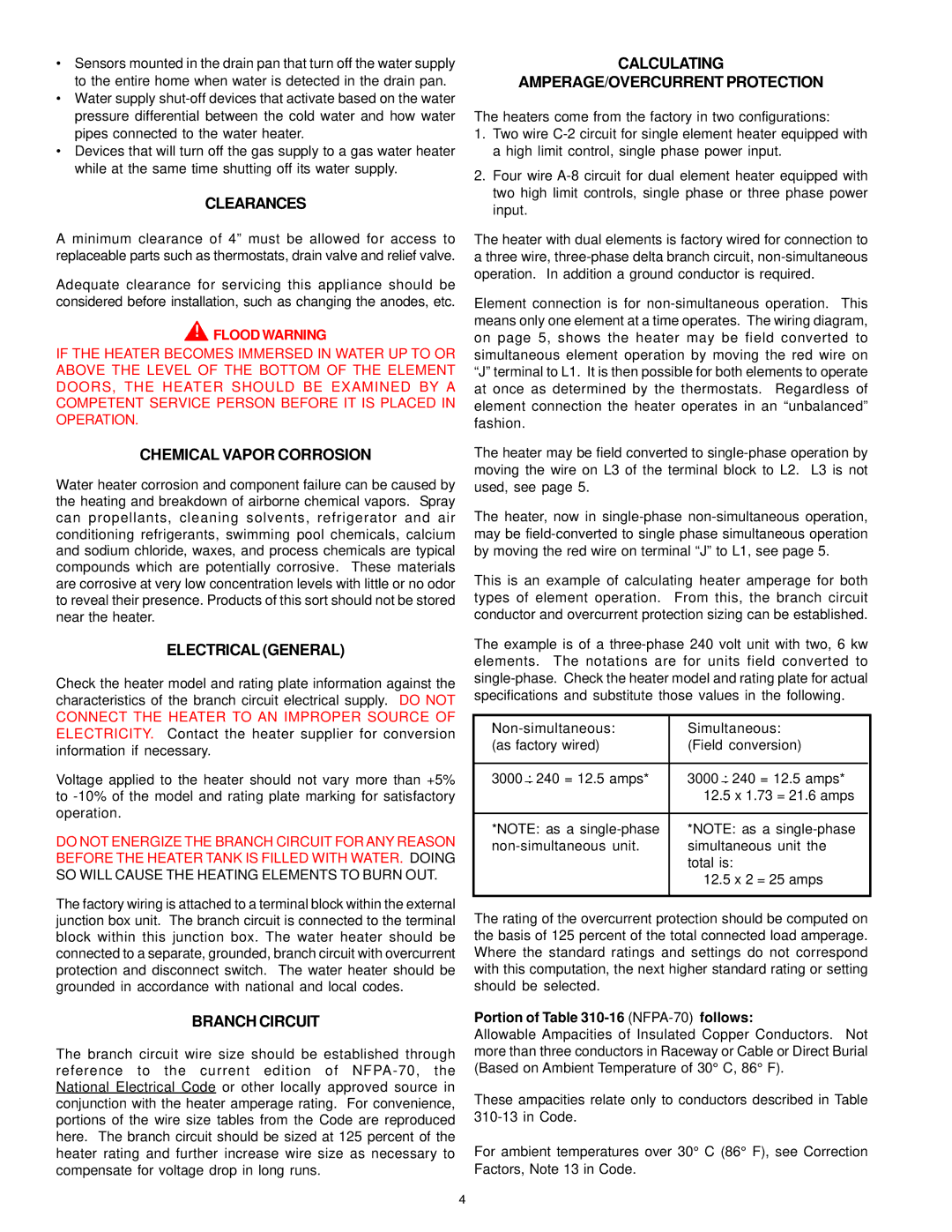 A.O. Smith del and del warranty Clearances, Chemical Vapor Corrosion, Electrical General, Branch Circuit 