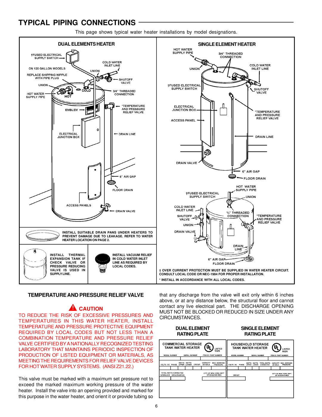 A.O. Smith del and del warranty Typical Piping Connections, Temperature and Pressure Relief Valve 