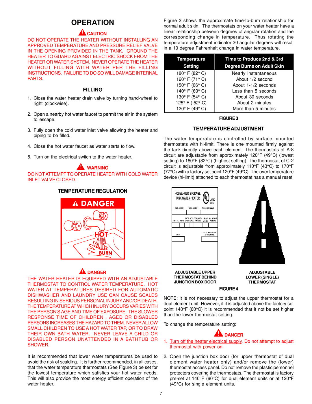 A.O. Smith del and del warranty Operation, Filling, Temperatureadjustment, Temperature Regulation 