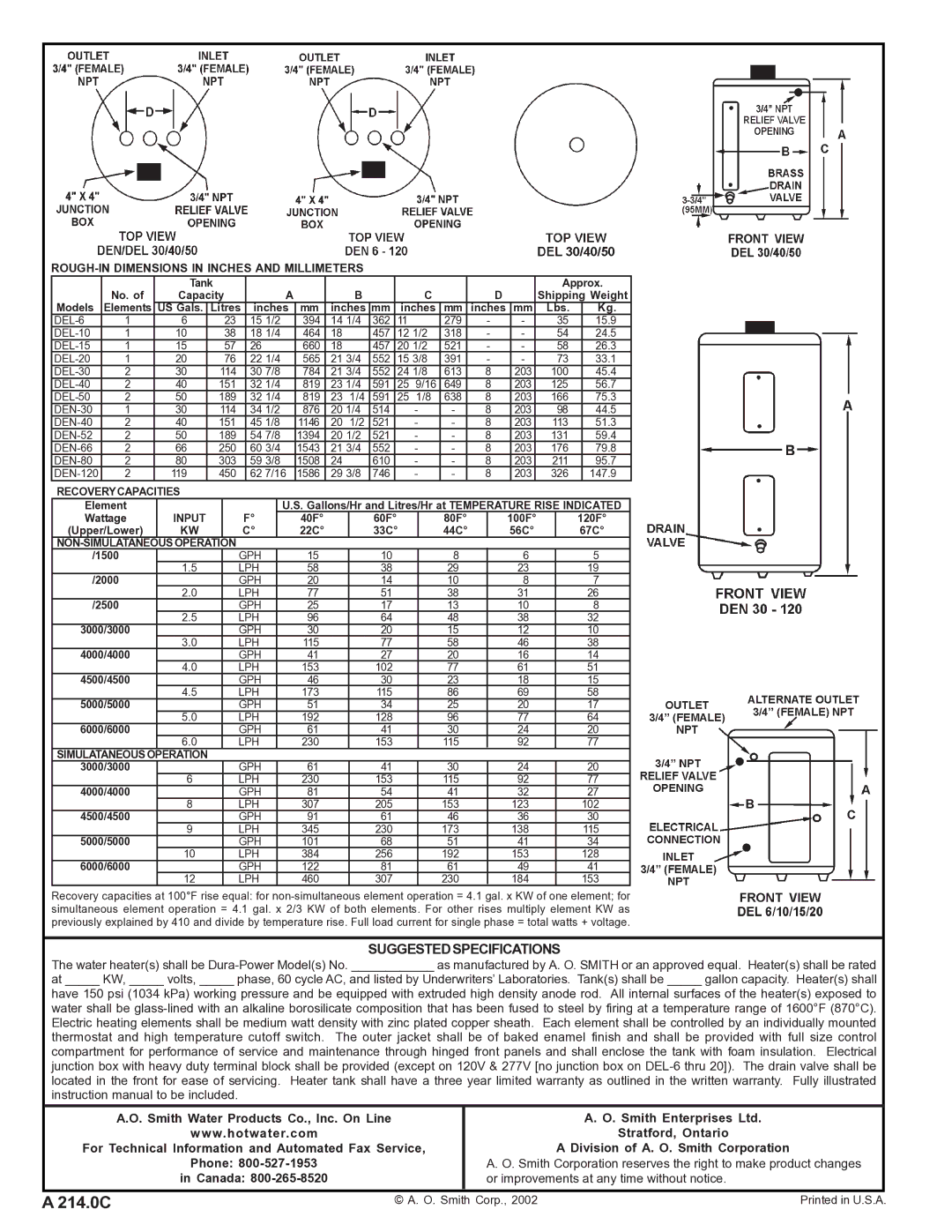 A.O. Smith Den & Del warranty Suggested Specifications, Recovery Capacities, Input, NON-SIMULATANEOUS Operation 