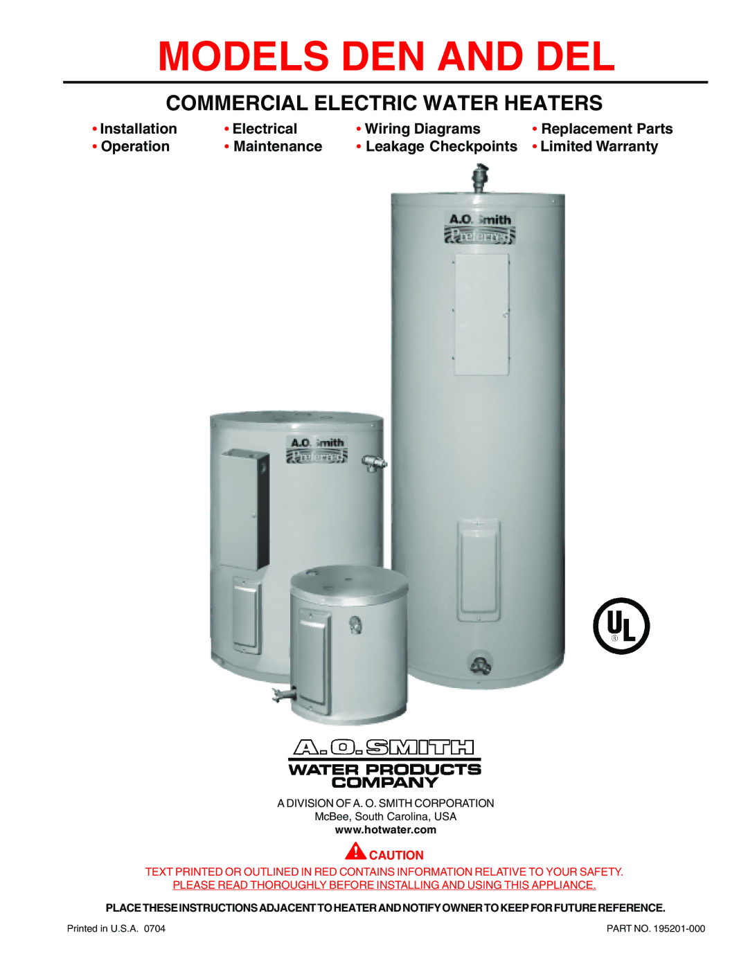 A.O. Smith warranty Models DEN and DEL 