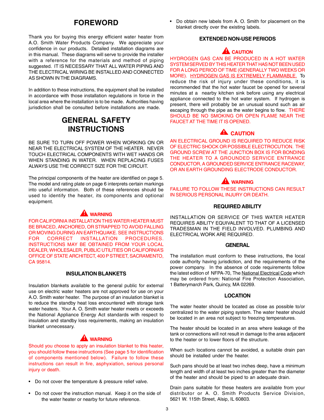 A.O. Smith DEL, DEN warranty Foreword, General Safety Instructions 