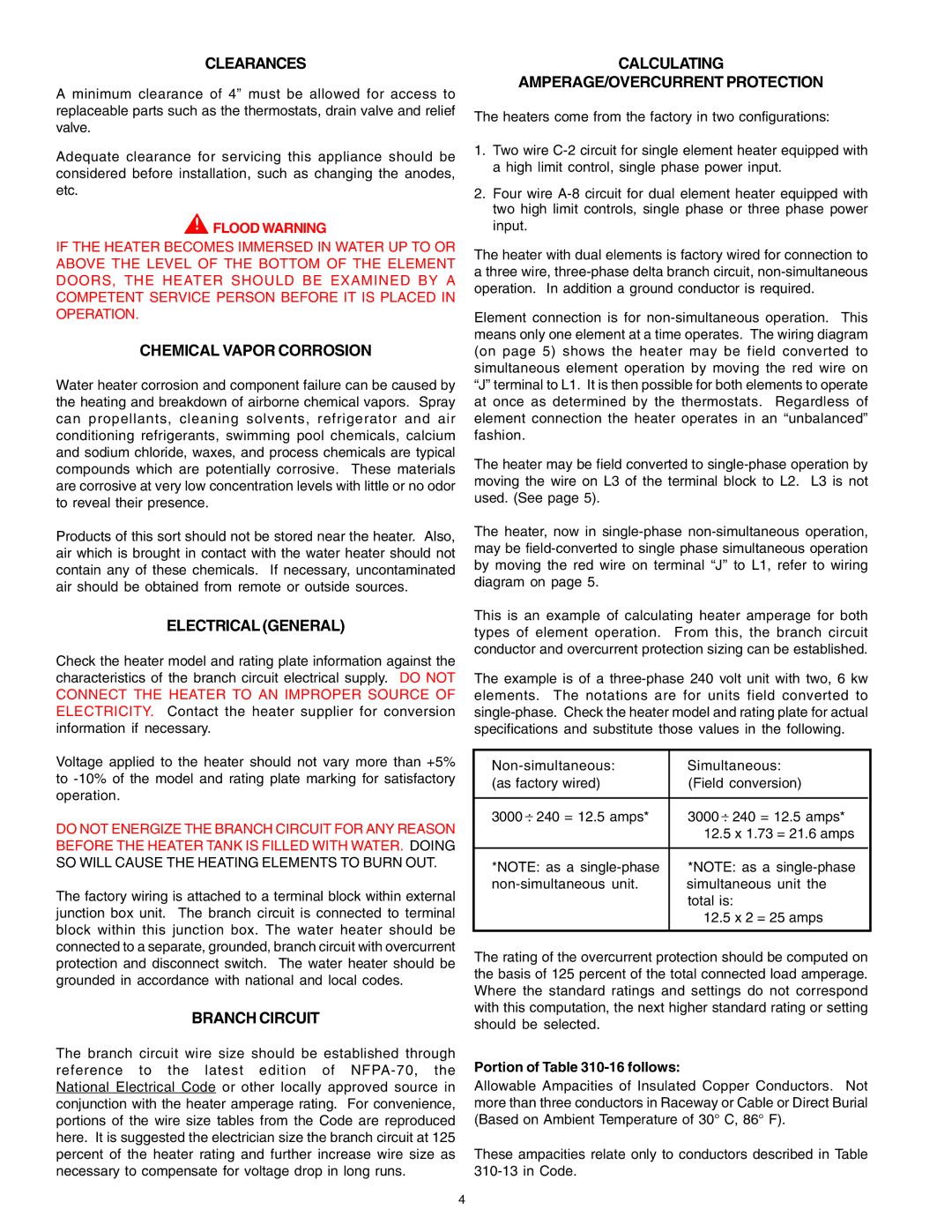 A.O. Smith DEN, DEL warranty Clearances, Chemical Vapor Corrosion, Electrical General, Branch Circuit 