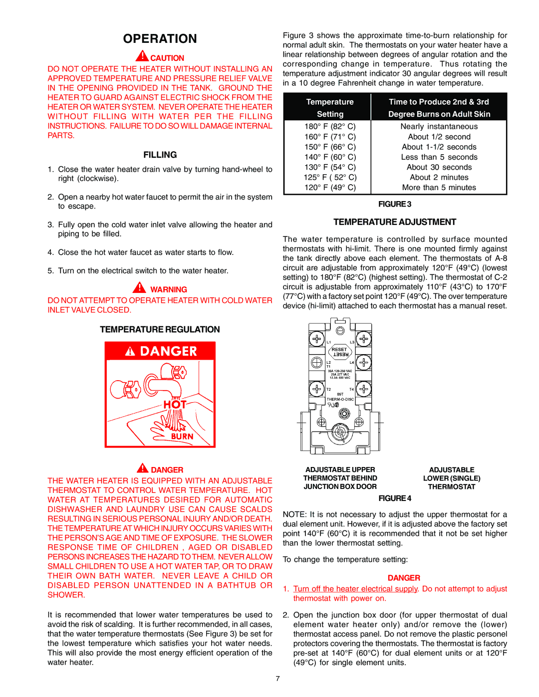 A.O. Smith DEL, DEN warranty Operation, Filling, Temperature Adjustment, Temperature Regulation 