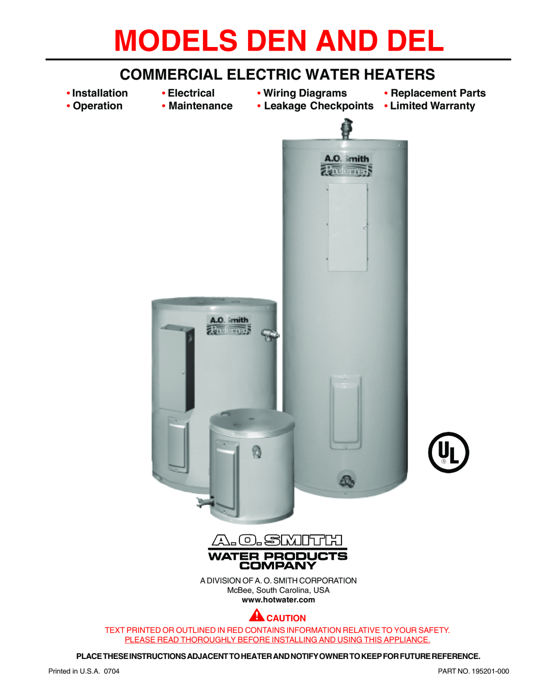 A.O. Smith DEL warranty Commercial Electric Water Heaters, Models Den And Del, Installation, Electrical, Wiring Diagrams 