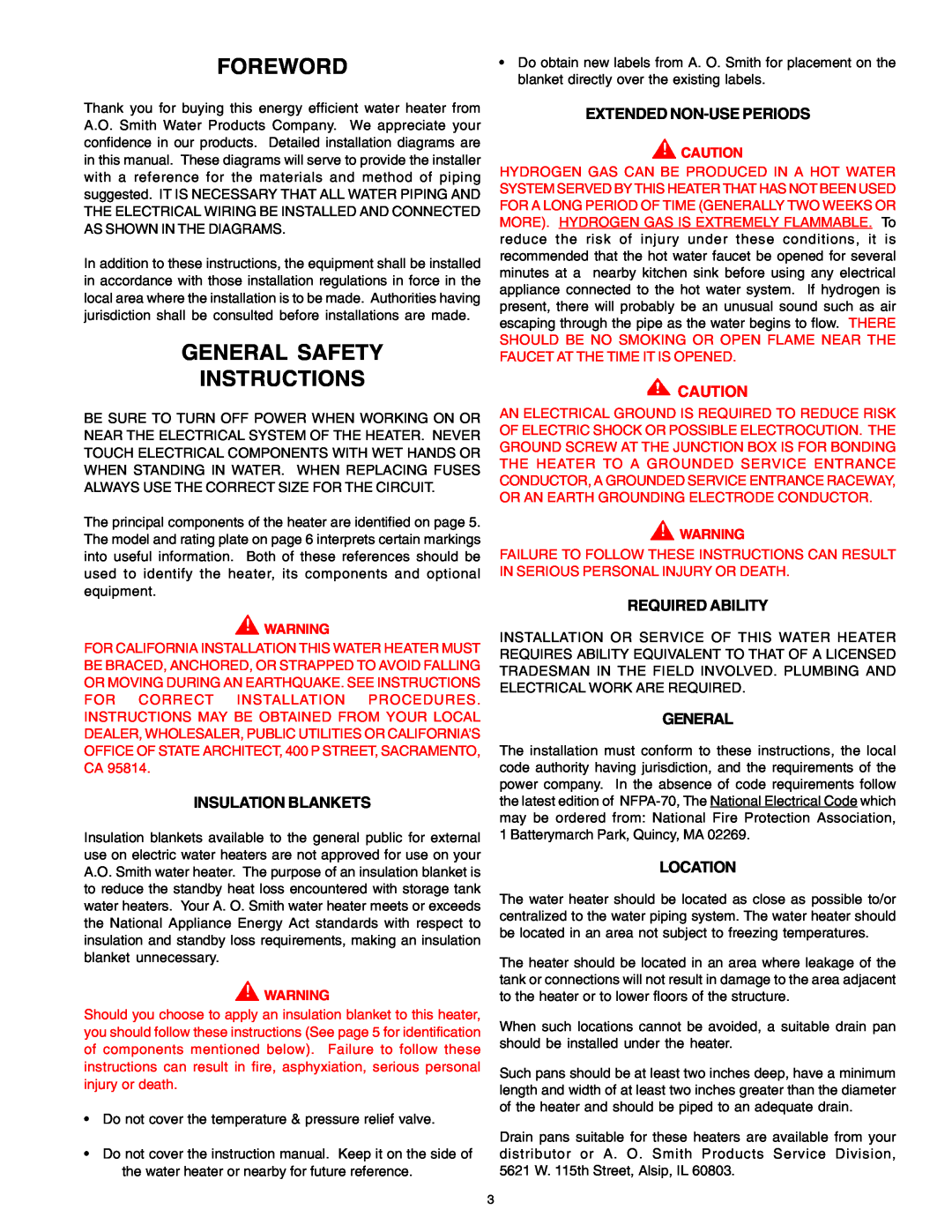 A.O. Smith DEL, DEN Foreword, General Safety Instructions, Insulation Blankets, Extended Non-Use Periods, Required Ability 