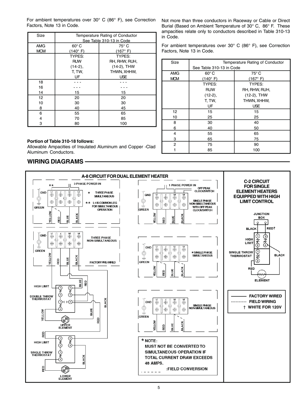 A.O. Smith DEL, DEN Wiring Diagrams, Portion of -18 follows, A-8 CIRCUIT FOR DUAL ELEMENT HEATER C-2 CIRCUIT FOR SINGLE 