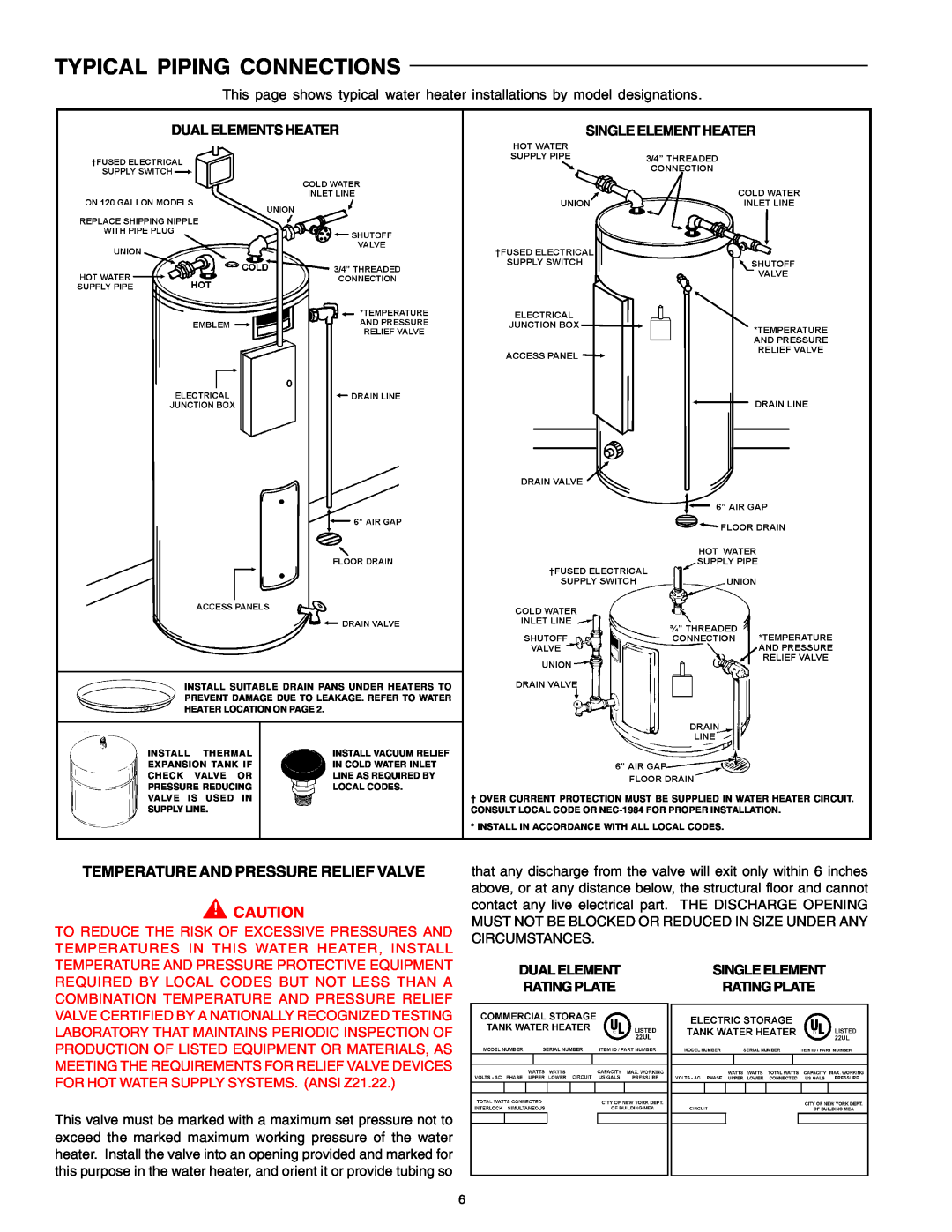 A.O. Smith DEN, DEL warranty Typical Piping Connections, Temperature And Pressure Relief Valve, Dual Elements Heater 