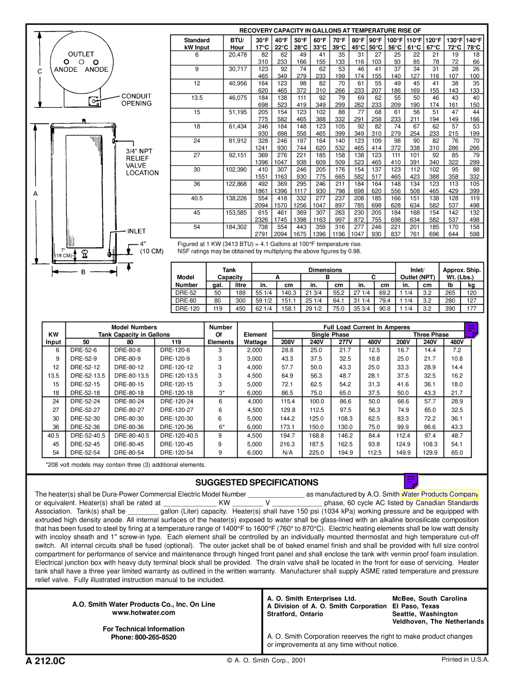 A.O. Smith DRE - 120, DRE - 80 warranty 212.0C 