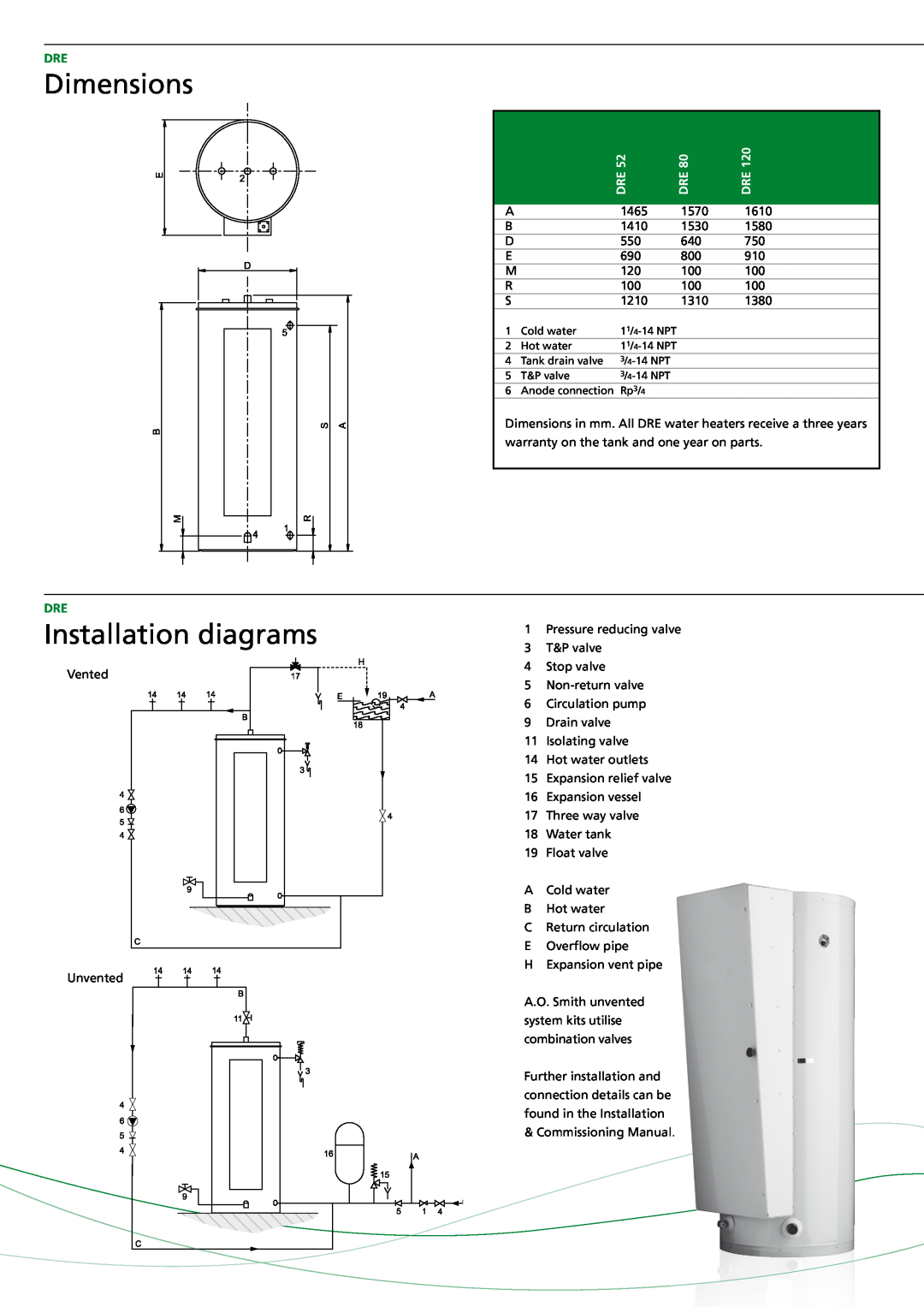 A.O. Smith DRE - 52/80/120 manual Dimensions, Installation diagrams 