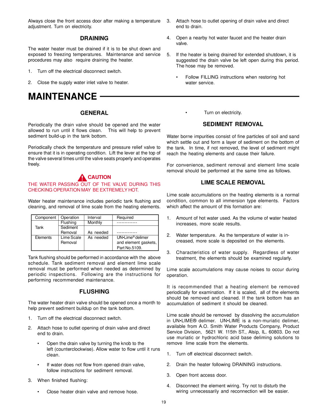 A.O. Smith DSE-5 THRU DSE-120 warranty Maintenance, Draining, Flushing, Sediment Removal, Lime Scale Removal 