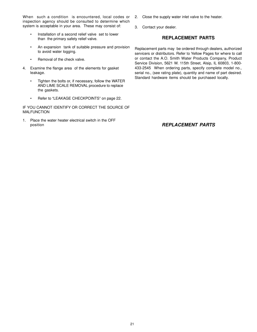 A.O. Smith DSE-5 THRU DSE-120 warranty Replacement Parts, If YOU Cannot Identify or Correct the Source of Malfunction 