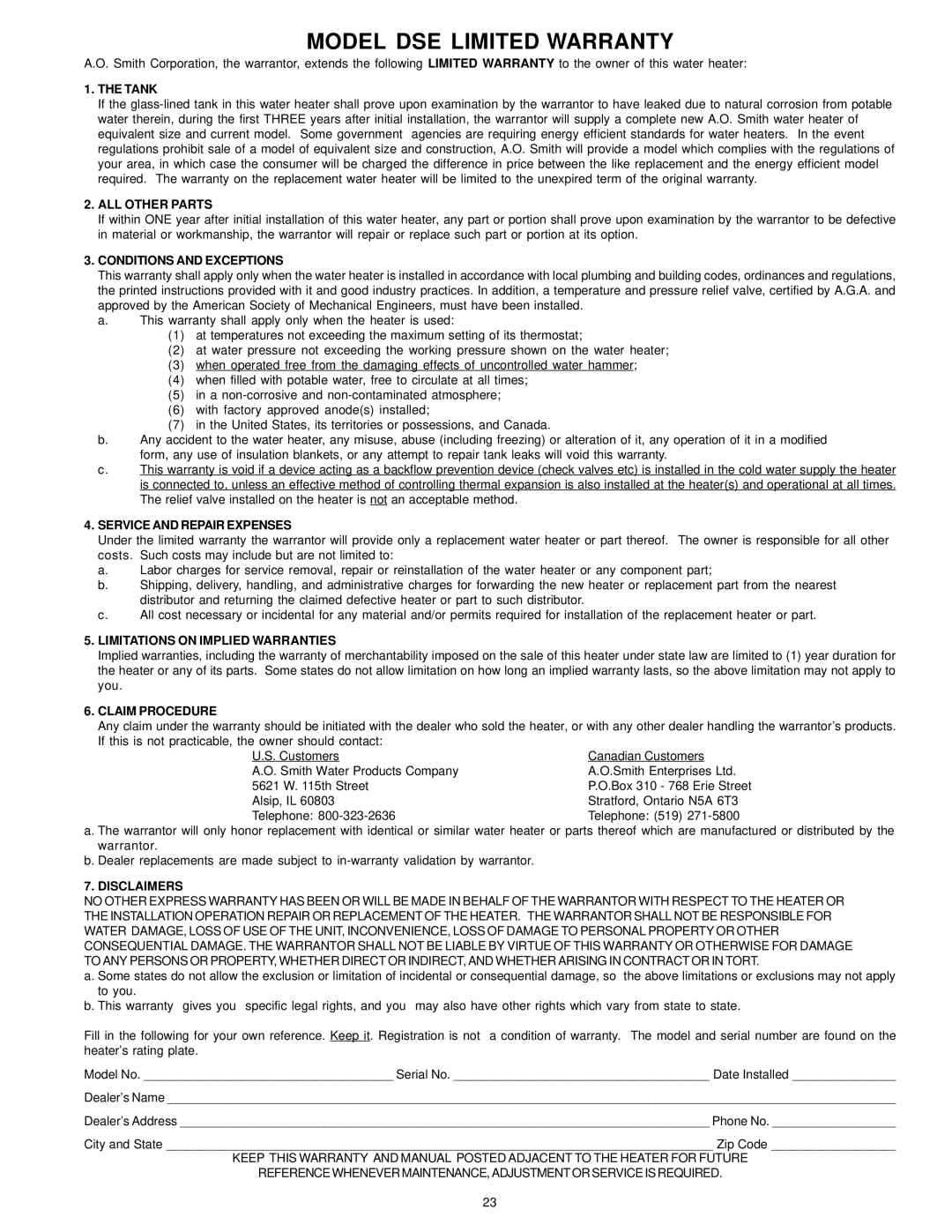 A.O. Smith DSE-5 THRU DSE-120 warranty Model DSE Limited Warranty 