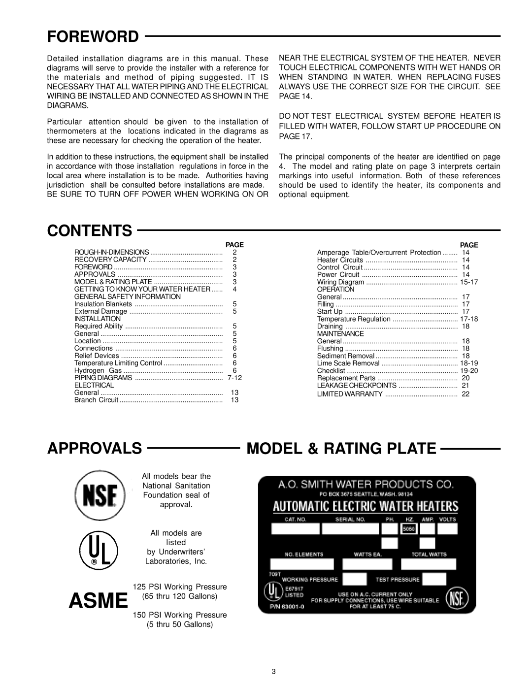 A.O. Smith DSE-5 THRU DSE-120 warranty Foreword, Contents, Approvals 