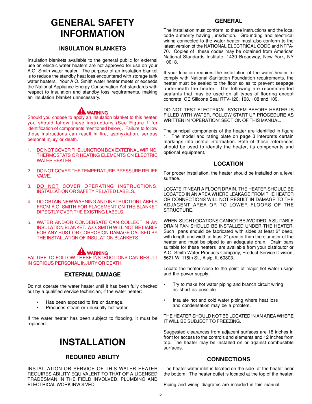 A.O. Smith DSE-5 THRU DSE-120 warranty General Safety Information, Installation 