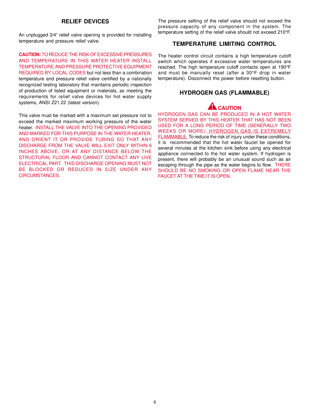 A.O. Smith DSE-5 THRU DSE-120 warranty Relief Devices, Temperature Limiting Control, Hydrogen GAS Flammable 