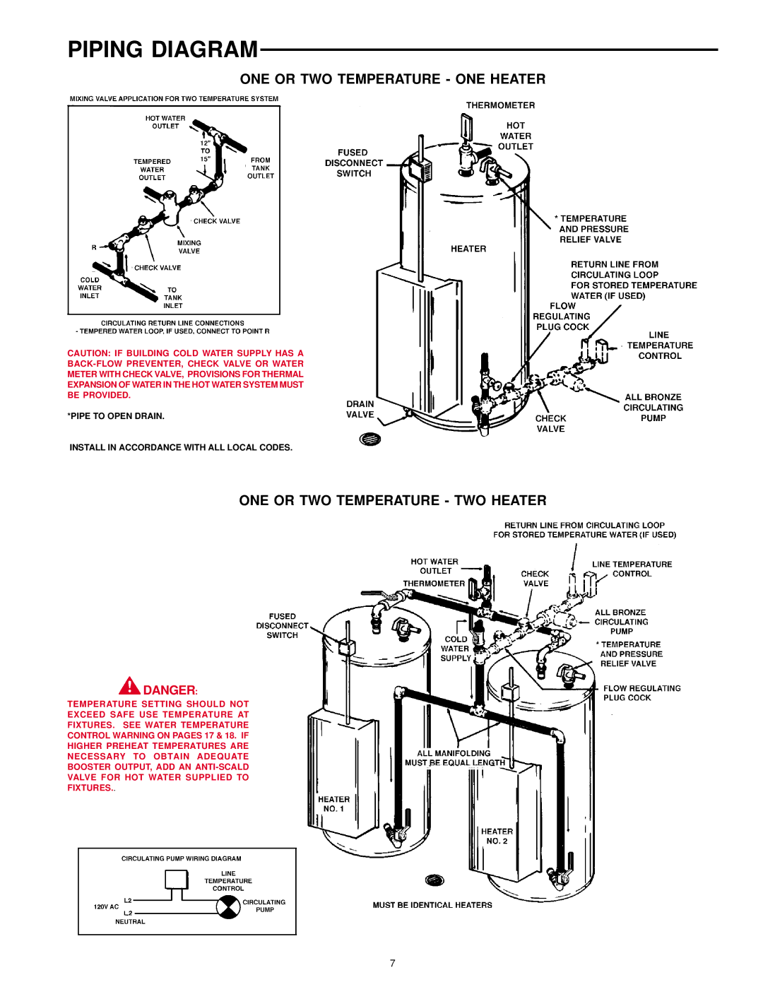 A.O. Smith DSE-5 THRU DSE-120 warranty Piping Diagram, ONE or TWO Temperature ONE Heater, ONE or TWO Temperature TWO Heater 