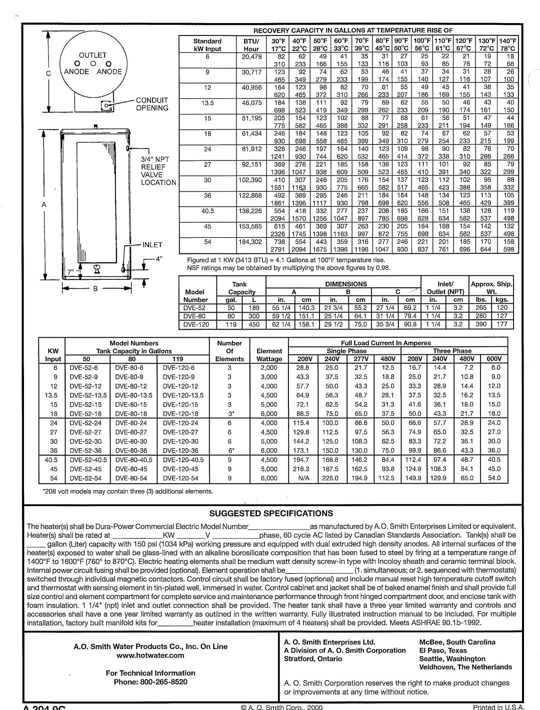 A.O. Smith DVE - 80, DVE - 52, DVE - 120 manual 