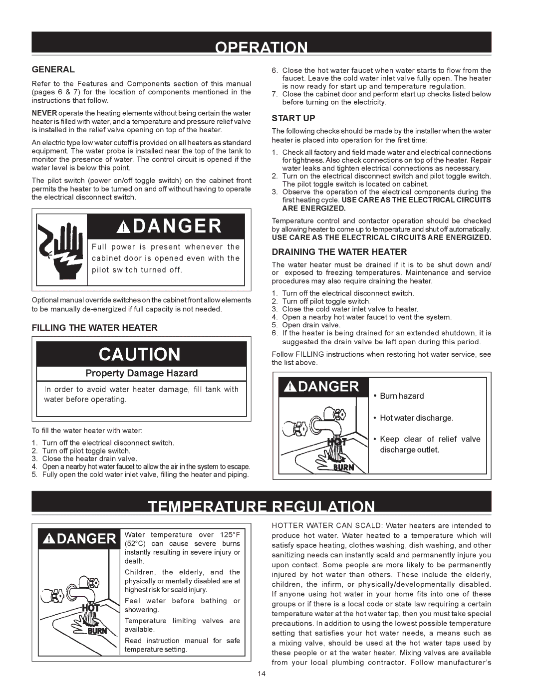 A.O. Smith DVE-150, DHE-200 Operation, Temperature Regulation, General, Start UP, Draining the Water Heater 