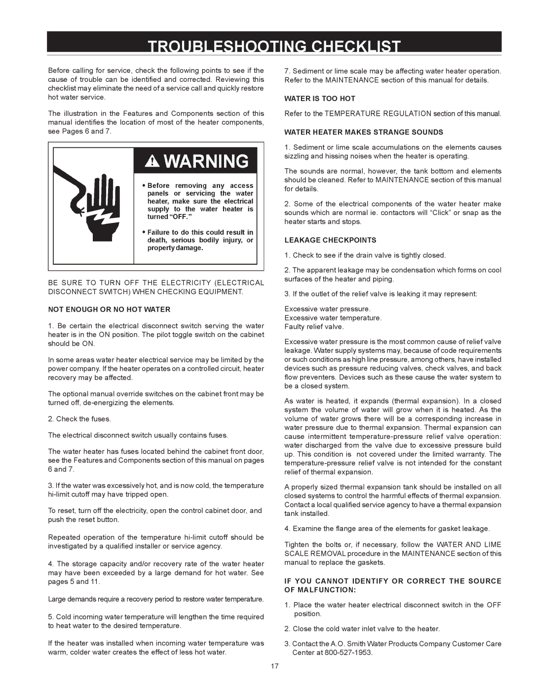 A.O. Smith DVE-150, DHE-200 Troubleshooting Checklist, If YOU Cannot Identify or Correct the Source of Malfunction 