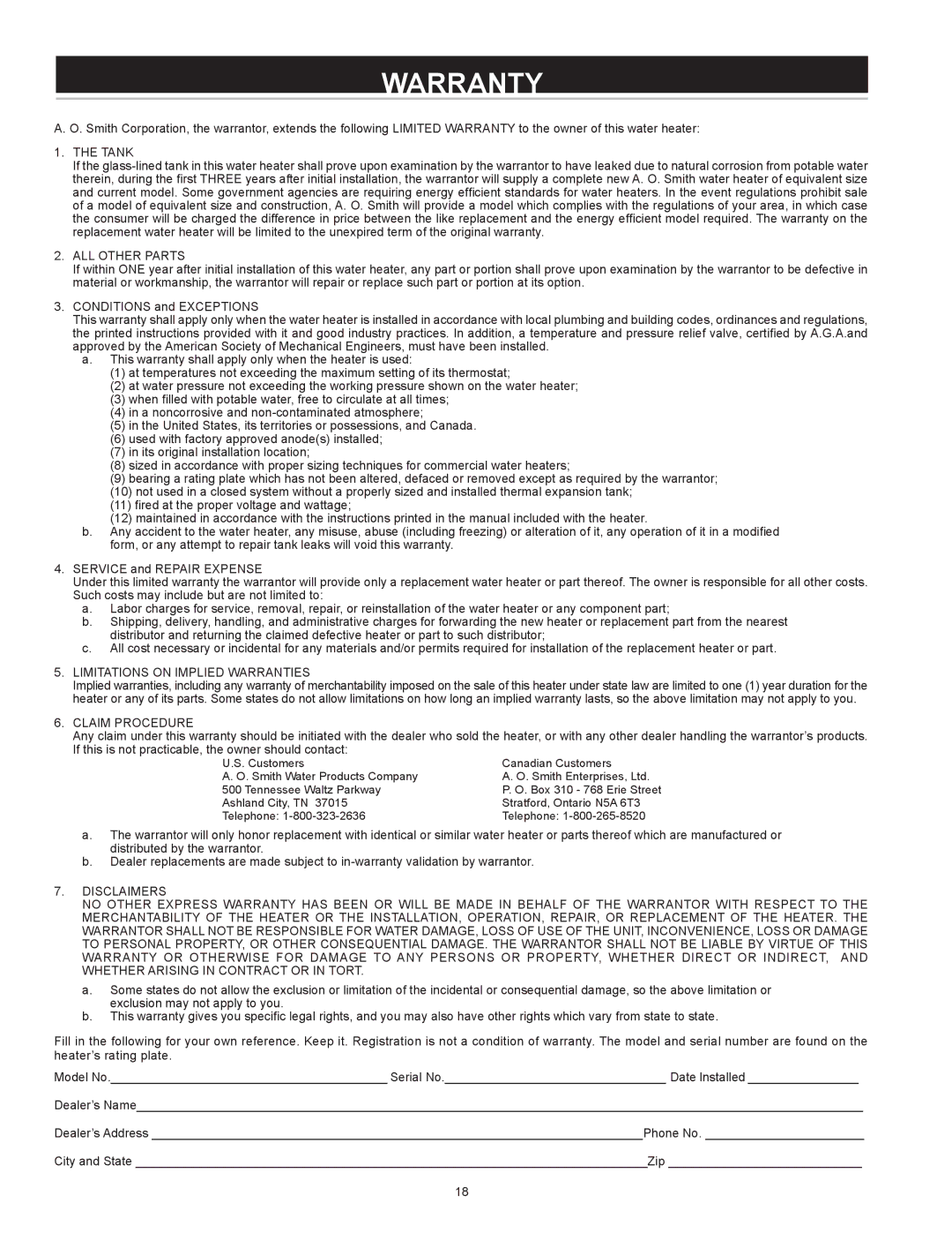 A.O. Smith DVE-150, DHE-200 instruction manual Warranty, Tank 